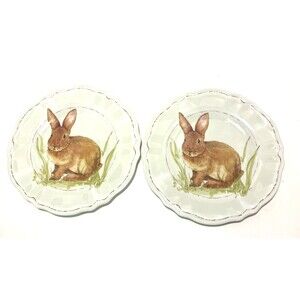 Well Dressed Home Spring Bunny Rabbit MELAMINE Round Plates Set 2